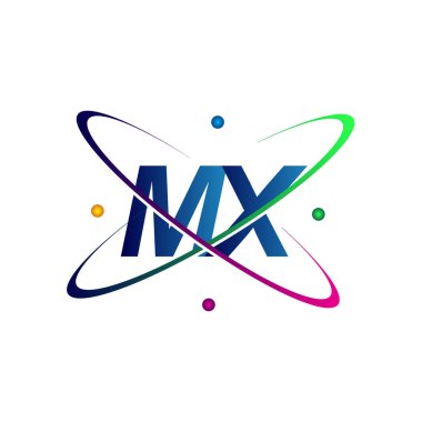 İlk harf MX logotype bilim simgesi mavi, kırmızı, yeşil ve sarı swoosh tasarımı. iş ve şirket kimliği için vektör logosu.