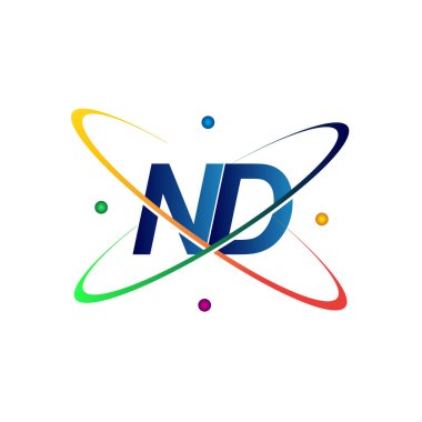 İlk harf ND logotip bilim simgesi mavi, kırmızı, yeşil ve sarı renk. iş ve şirket kimliği için vektör logosu.