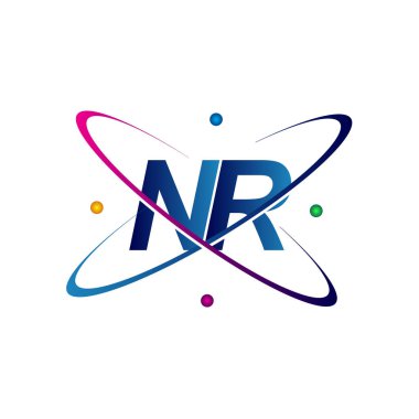 İlk harf NR logotype bilim simgesi mavi, kırmızı, yeşil ve sarı swoosh tasarımı. iş ve şirket kimliği için vektör logosu.