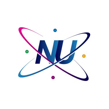 İlk harf NU logotype bilim simgesi mavi, kırmızı, yeşil ve sarı swoosh tasarımı. iş ve şirket kimliği için vektör logosu.