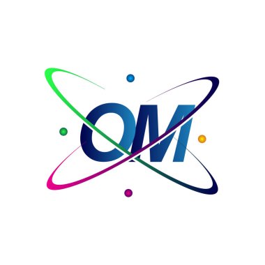 İlk harf OM logotype bilim simgesi mavi, kırmızı, yeşil ve sarı swoosh tasarımı. iş ve şirket kimliği için vektör logosu.