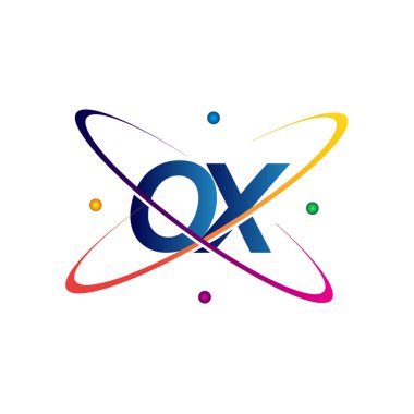 İlk harf OX logotype bilim simgesi mavi, kırmızı, yeşil ve sarı swoosh tasarımı. iş ve şirket kimliği için vektör logosu.