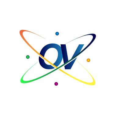 İlk harf OV logoti bilim simgesi mavi, kırmızı, yeşil ve sarı renk. iş ve şirket kimliği için vektör logosu.