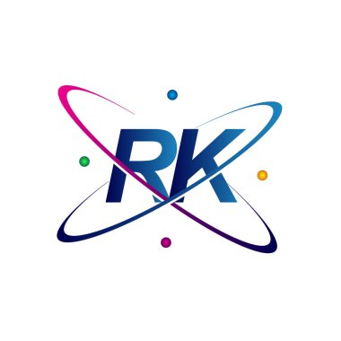 İlk harf RK logotype bilim simgesi mavi, kırmızı, yeşil ve sarı swoosh tasarımı. iş ve şirket kimliği için vektör logosu.