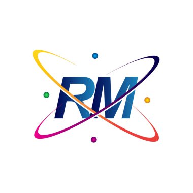 İlk harf RM logotype bilim simgesi mavi, kırmızı, yeşil ve sarı swoosh tasarımı. iş ve şirket kimliği için vektör logosu.