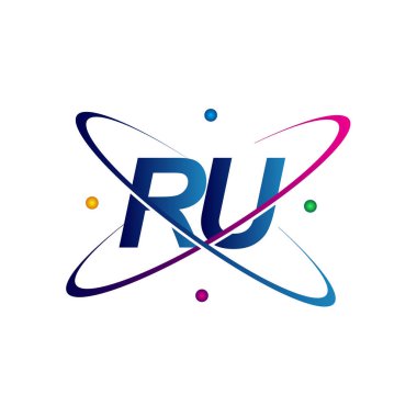 İlk harf RU logotype bilim simgesi mavi, kırmızı, yeşil ve sarı swoosh tasarımı. iş ve şirket kimliği için vektör logosu.
