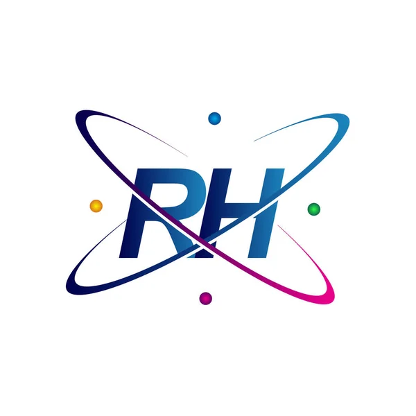 最初の文字Rhのロゴタイプ科学アイコンは青 黄色のスウッシュデザインを着色しました ビジネスと会社のアイデンティティのためのベクトルロゴ — ストックベクタ