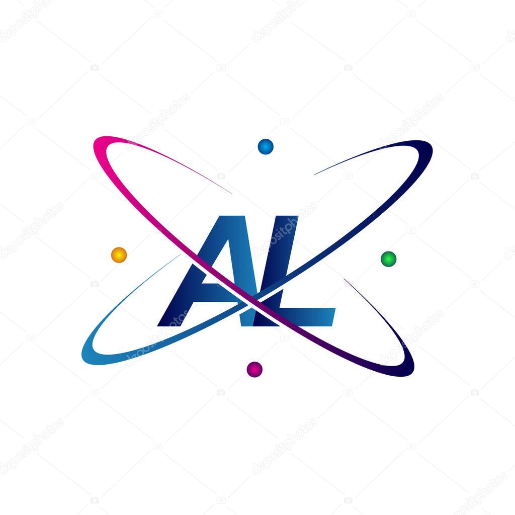 Initial letter AL logotype science icon colored blue, red, green and yellow swoosh design. vector logo for business and company identity.