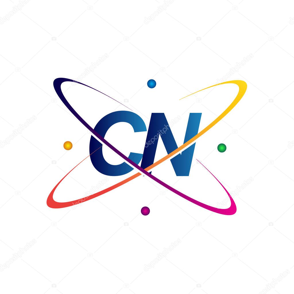 Initial letter CN logotype science icon colored blue, red, green and yellow swoosh design. vector logo for business and company identity.