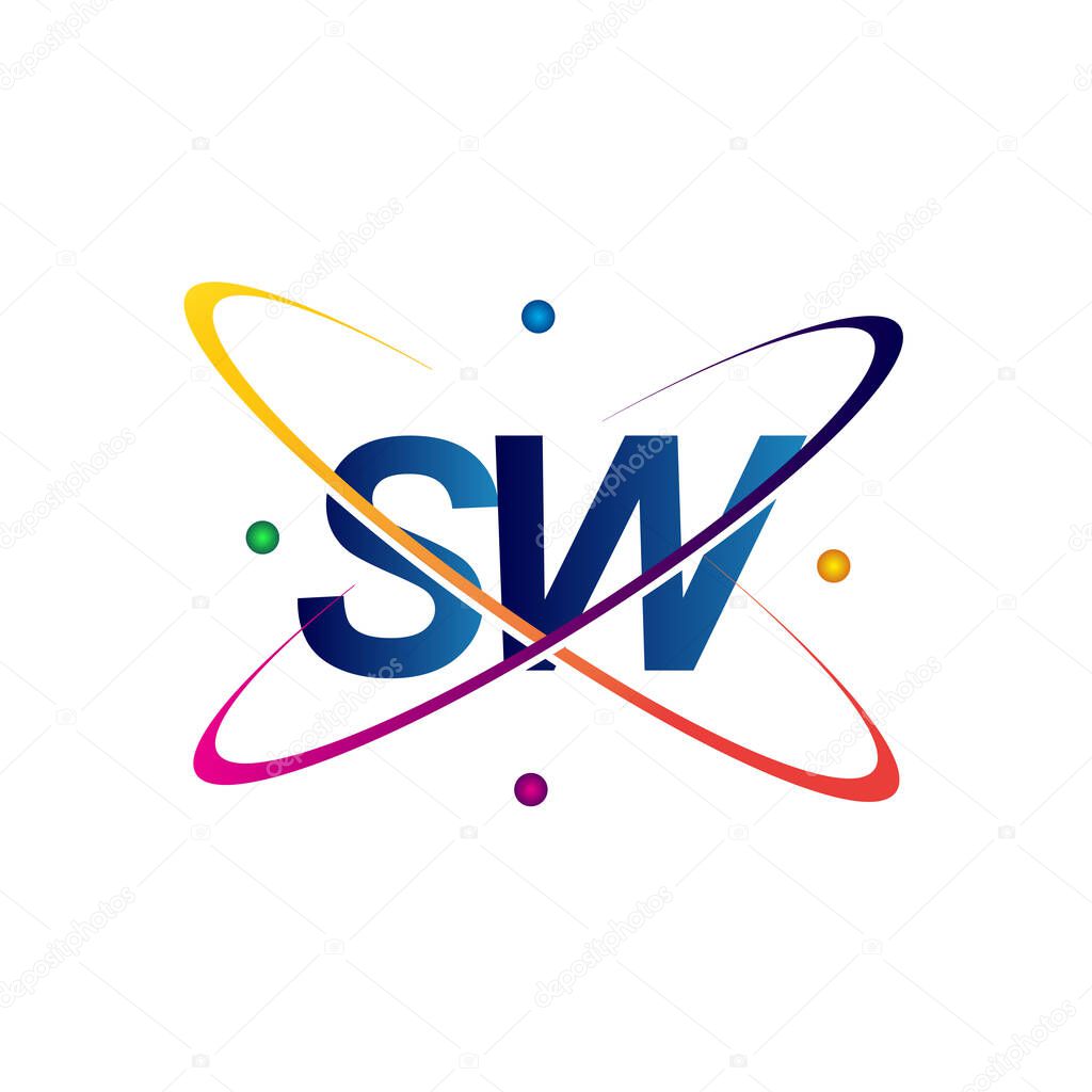 Initial letter SW logotype science icon colored blue, red, green and yellow swoosh design. vector logo for business and company identity.