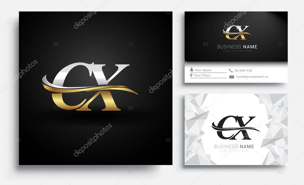 initial letter CX logotype company name colored gold and silver swoosh design. Vector sets for business identity on white background.
