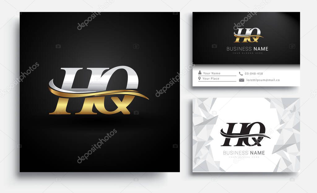 initial letter HQ logotype company name colored gold and silver swoosh design. Vector sets for business identity on white background.