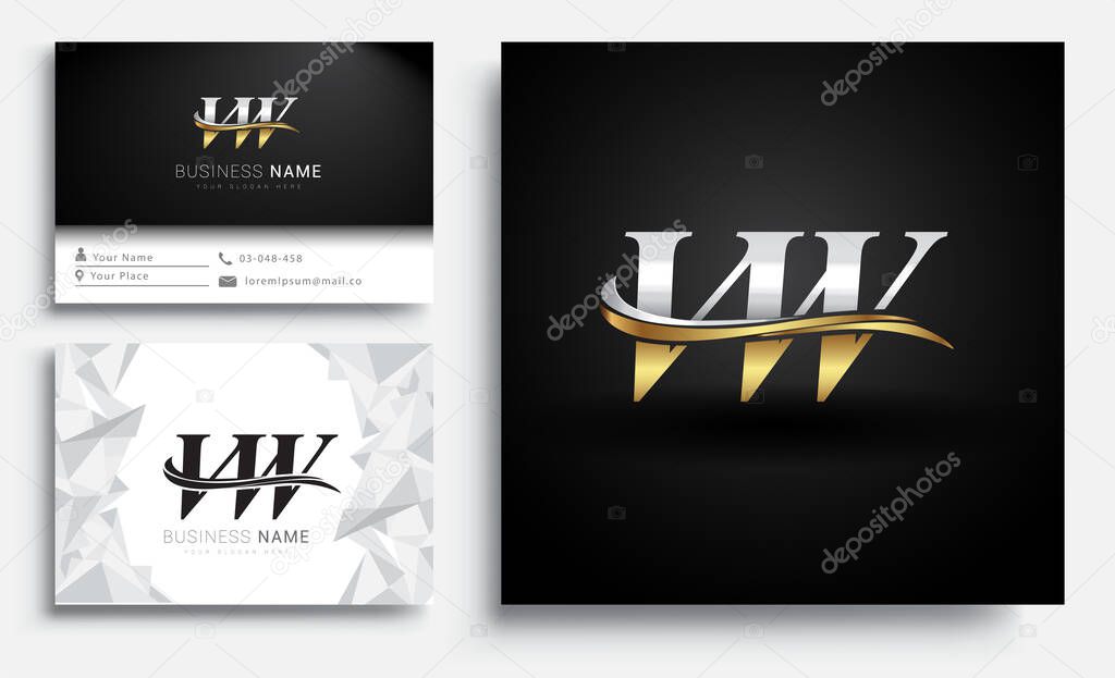 initial letter VW logotype company name colored gold and silver swoosh design. Vector sets for business identity on white background.
