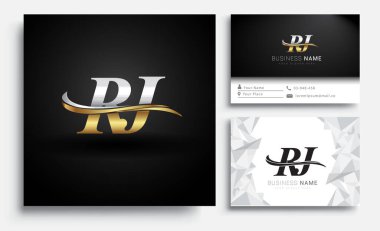 İlk harf RJ logotype şirketi. Renkli altın ve gümüş rengi desenli. Beyaz arkaplanda iş kimliği için vektör ayarları.