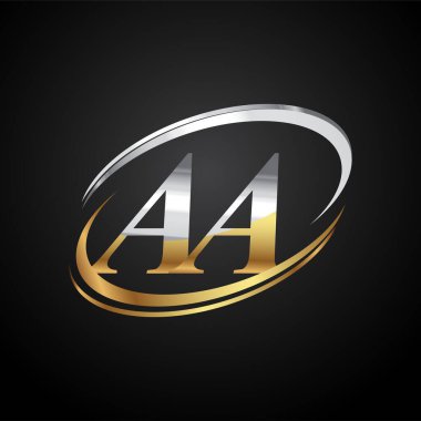 İlk harfi AA logotype şirketi. Renkli altın ve gümüş rengi desenli. Siyah arkaplanda izole.