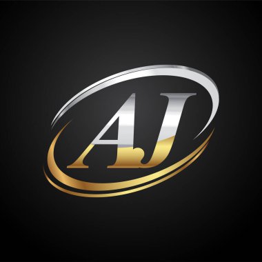 İlk harfi AJ logotype şirketi. Renkli altın ve gümüş rengi desenli. Siyah arkaplanda izole.