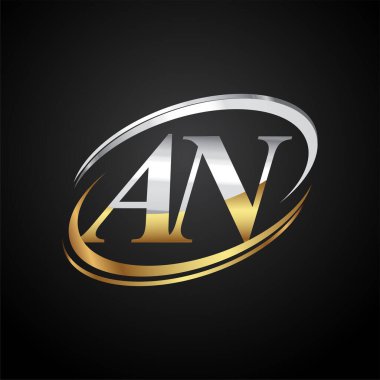 İlk harf AN logotype şirketinin adı altın ve gümüş rengi. Siyah arkaplanda izole.