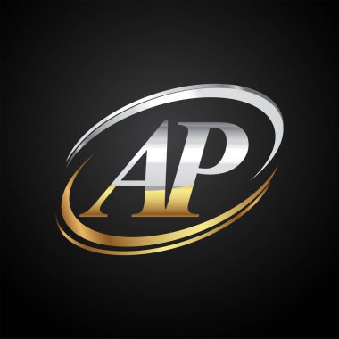 İlk harfi AP logotype şirketi. Renkli altın ve gümüş rengi desenli. Siyah arkaplanda izole.
