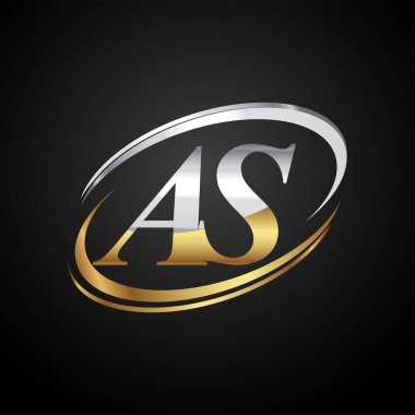İlk harfi AS logotype şirketi. Renkli altın ve gümüş rengi desenli. Siyah arkaplanda izole.