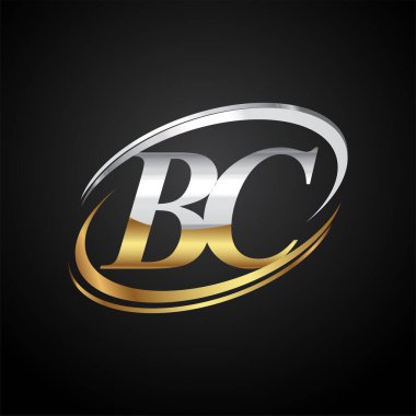 İlk harfi BC logotype şirketi. Renkli altın ve gümüş rengi desenli. Siyah arkaplanda izole.