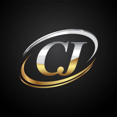 İlk harf CJ logotype şirketi. Renkli altın ve gümüş rengi desenli. Siyah arkaplanda izole.
