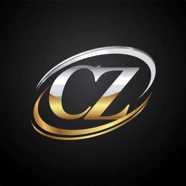 İlk harfi CZ logotype şirketi. Renkli altın ve gümüş rengi desenli. Siyah arkaplanda izole.