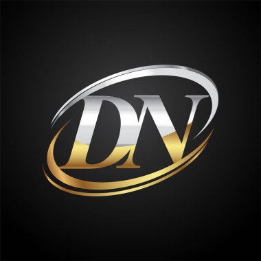 İlk harfi DN logotype şirketi. Renkli altın ve gümüş rengi desenli. Siyah arkaplanda izole.