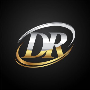 İlk harf DR logotype şirketi. Renkli altın ve gümüş rengi desenli. Siyah arkaplanda izole.