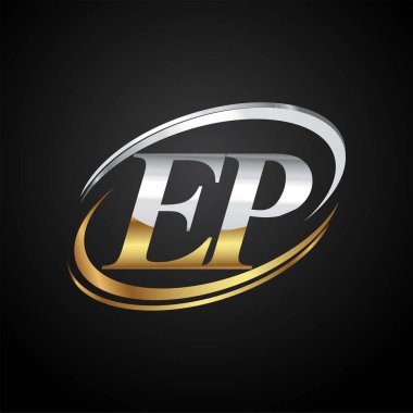 İlk harf olarak EP logotype şirketinin adı altın ve gümüş rengi desenli. Siyah arkaplanda izole.