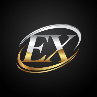 İlk harfi EX logotype şirketi. Renkli altın ve gümüş rengi desenli. Siyah arkaplanda izole.