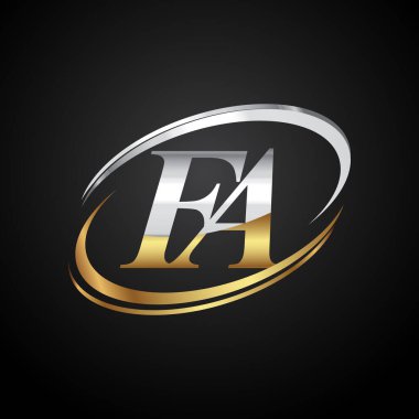 İlk harfi FA logotype şirketi. Renkli altın ve gümüş rengi desenli. Siyah arkaplanda izole.