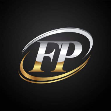 İlk harfi FP logotype şirketi. Renkli altın ve gümüş rengi desenli. Siyah arkaplanda izole.