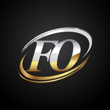 İlk harf Fo Logotype Şirketi. Renkli altın ve gümüş rengi desenli. Siyah arkaplanda izole.