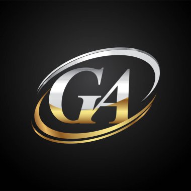 İlk harfi GA logotype şirketi. Renkli altın ve gümüş rengi desenli. Siyah arkaplanda izole.