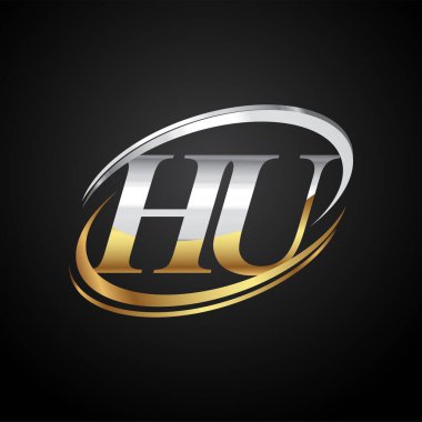 İlk harf HU logotype şirketi. Renkli altın ve gümüş rengi desenli. Siyah arkaplanda izole.