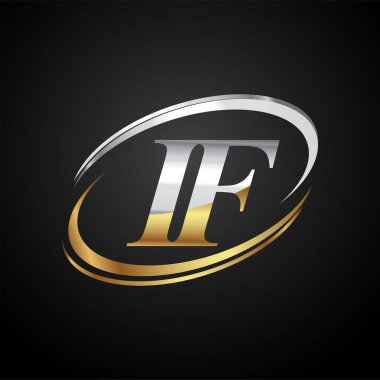 İlk harf if if logotype şirketinin adı altın ve gümüş rengi. Siyah arkaplanda izole.