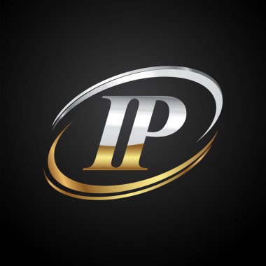 İlk harfi IP logotype şirketi. Renkli altın ve gümüş rengi desenli. Siyah arkaplanda izole.