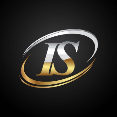 İlk harf logotype şirketi ismi. Renkli altın ve gümüş rengi. Siyah arkaplanda izole.