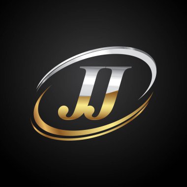 İlk harf JJ logotype şirketi. Renkli altın ve gümüş rengi desenli. Siyah arkaplanda izole.