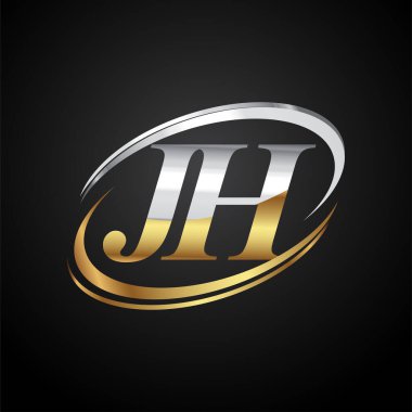 İlk harf JH logotype şirketi. Renkli altın ve gümüş rengi desenli. Siyah arkaplanda izole.