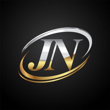 İlk harf JN logotype şirketi. Renkli altın ve gümüş rengi desenli. Siyah arkaplanda izole.