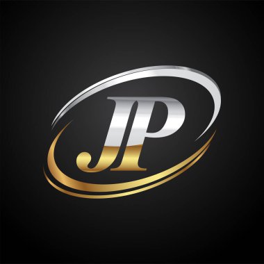 İlk harf JP logotype şirketi. Renkli altın ve gümüş rengi desenli. Siyah arkaplanda izole.