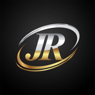 İlk harf JR logotype şirketi. Renkli altın ve gümüş rengi desenli. Siyah arkaplanda izole.