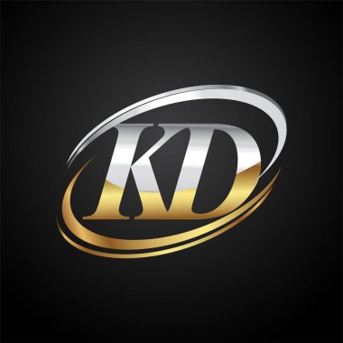 İlk harfi KD logotype şirketi. Renkli altın ve gümüş rengi desenli. Siyah arkaplanda izole.