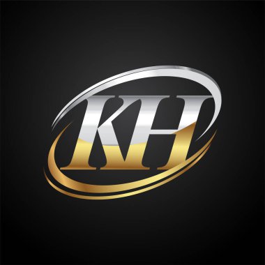 İlk harfi KH logotype şirketi. Renkli altın ve gümüş rengi desenli. Siyah arkaplanda izole.