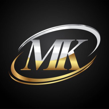 İlk harfi MK logotype şirketi. Renkli altın ve gümüş rengi desenli. Siyah arkaplanda izole.