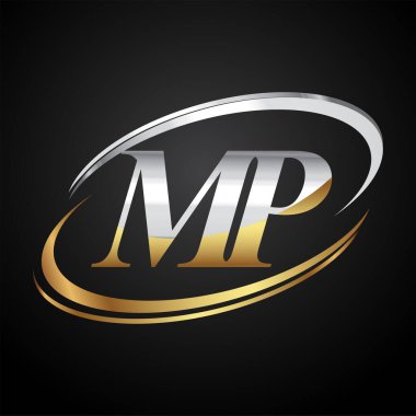 İlk harf MP logotype şirketinin adı altın ve gümüş rengi Swoosh tasarımı. Siyah arkaplanda izole.