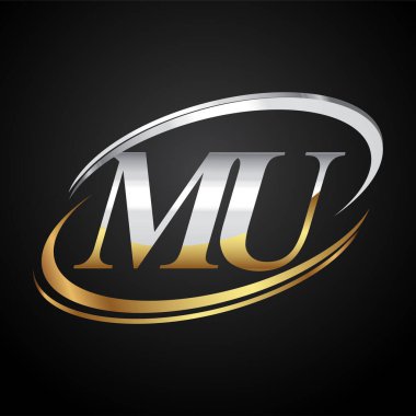 İlk harfi MU logotype şirketi. Renkli altın ve gümüş rengi. Siyah arkaplanda izole.