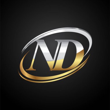 İlk harfi ND logotype şirketi. Renkli altın ve gümüş rengi desenli. Siyah arkaplanda izole.