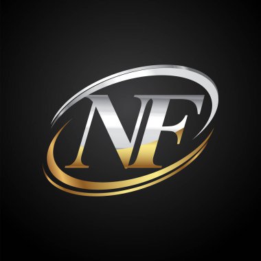 İlk harfi NF logotype şirketi. Renkli altın ve gümüş rengi desenli. Siyah arkaplanda izole.